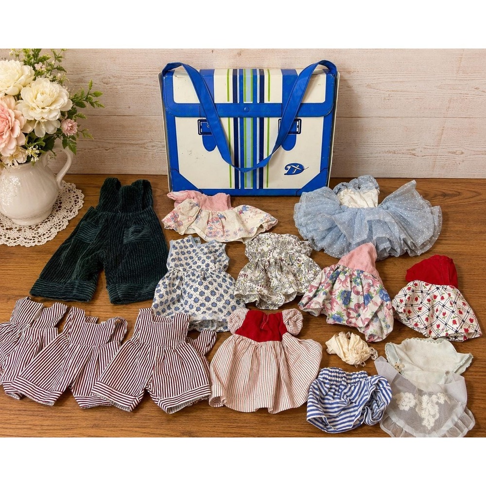 VTG Doll Clothes Lot w/ Blue Carry Case Mixed Doll Outfits Dresses Wardrobe